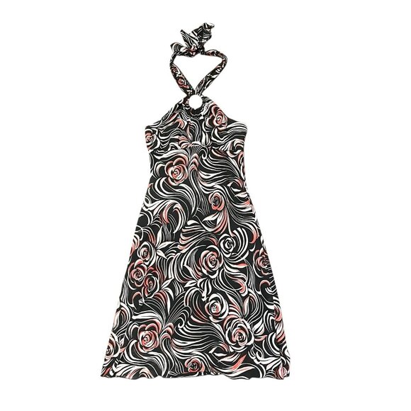 Y2K‎ Speechless Halter Dress Empire Waist O-Ring Party Dance Rose Floral Black - Picture 1 of 8